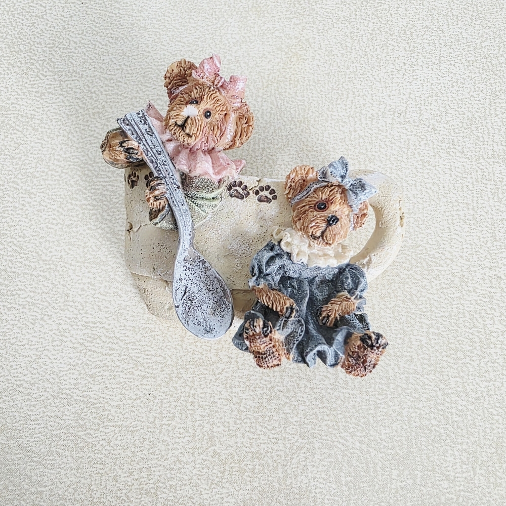 Vintage Adorable Bear Figurine with Pink and Blue Outfits Brooch
